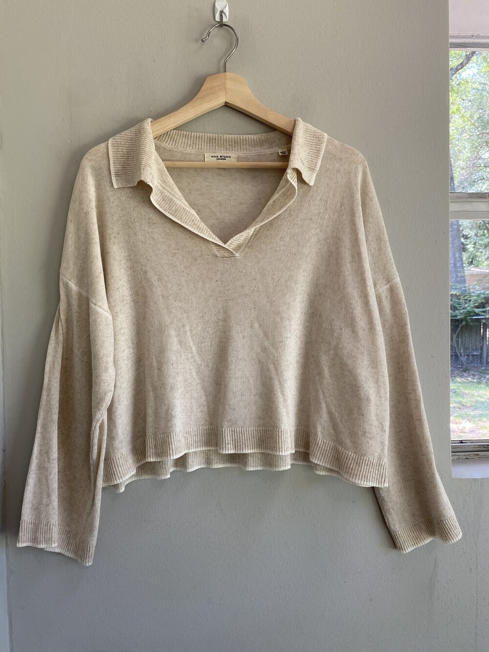 Max Studio Linen Blend Collared V-Neck Sweater Cream S